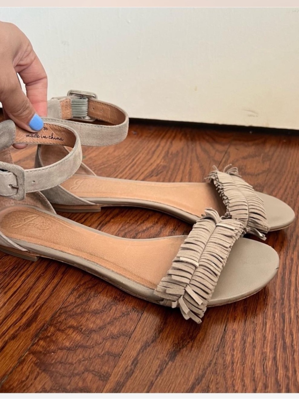 joie taupe gray lyla suede fringe ankle buckle sandals flat - Picture 2 of 8